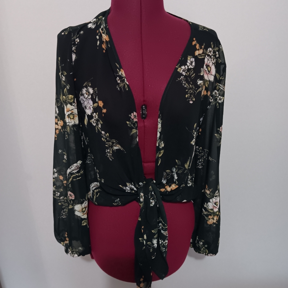 Floral Tie-Front Black Long-Sleeve Women's Top